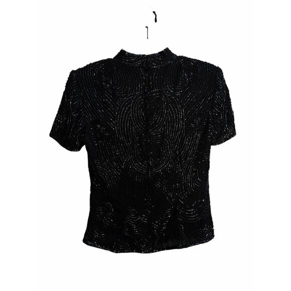 Papell Boutique Evening Beaded Sequin Silk Top Black Short Sleeve Size Small - Picture 7 of 16